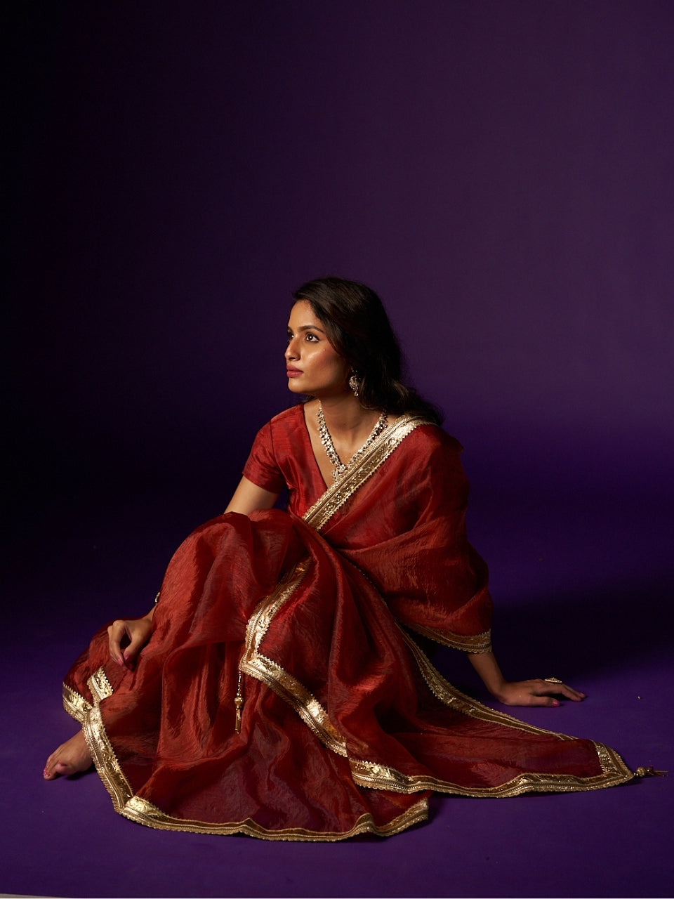 Garnet Red Tissue Saree with Gotta Patti & Zari Lace