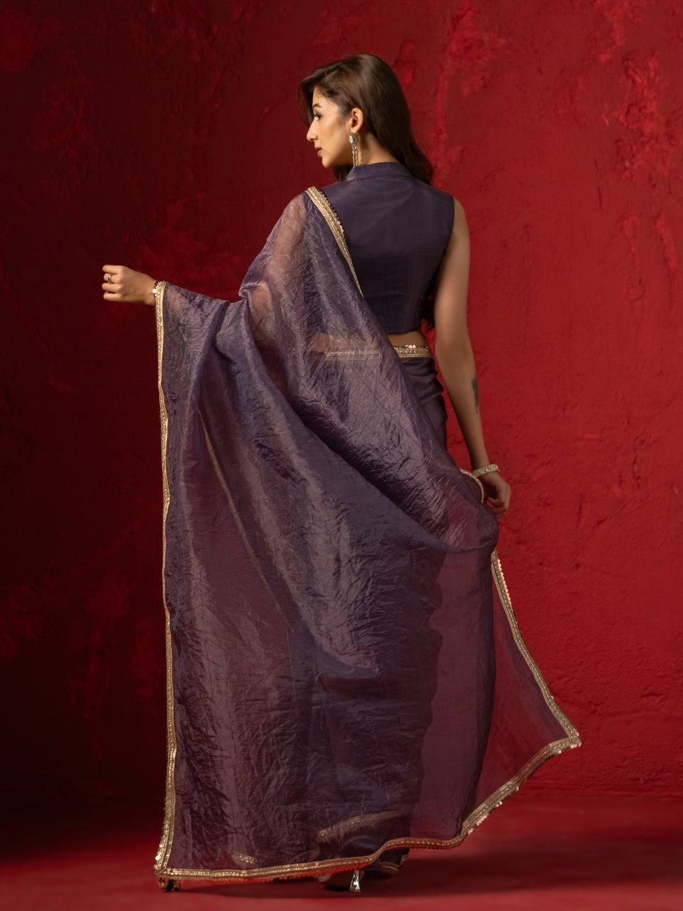 Imperial Purple Tissue Saree with Sequin Lace & Latkan