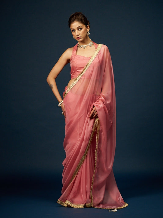 Coral Pink Satin Saree with Zari Lace & Latkan
