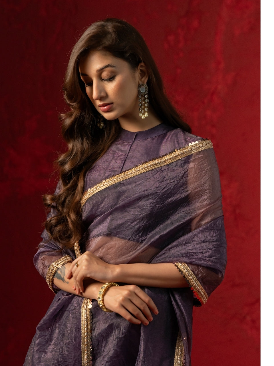 Imperial Purple Tissue Saree with Sequin Lace & Latkan