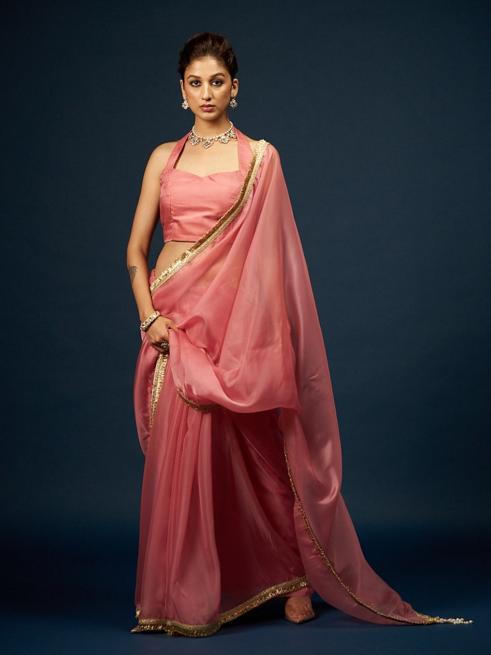 Coral Pink Satin Saree with Zari Lace & Latkan