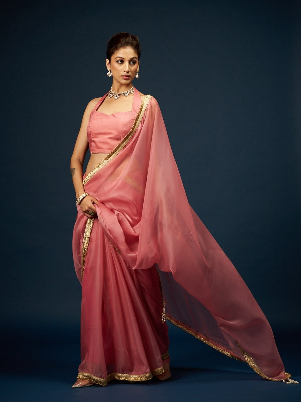 Coral Pink Satin Saree with Zari Lace & Latkan