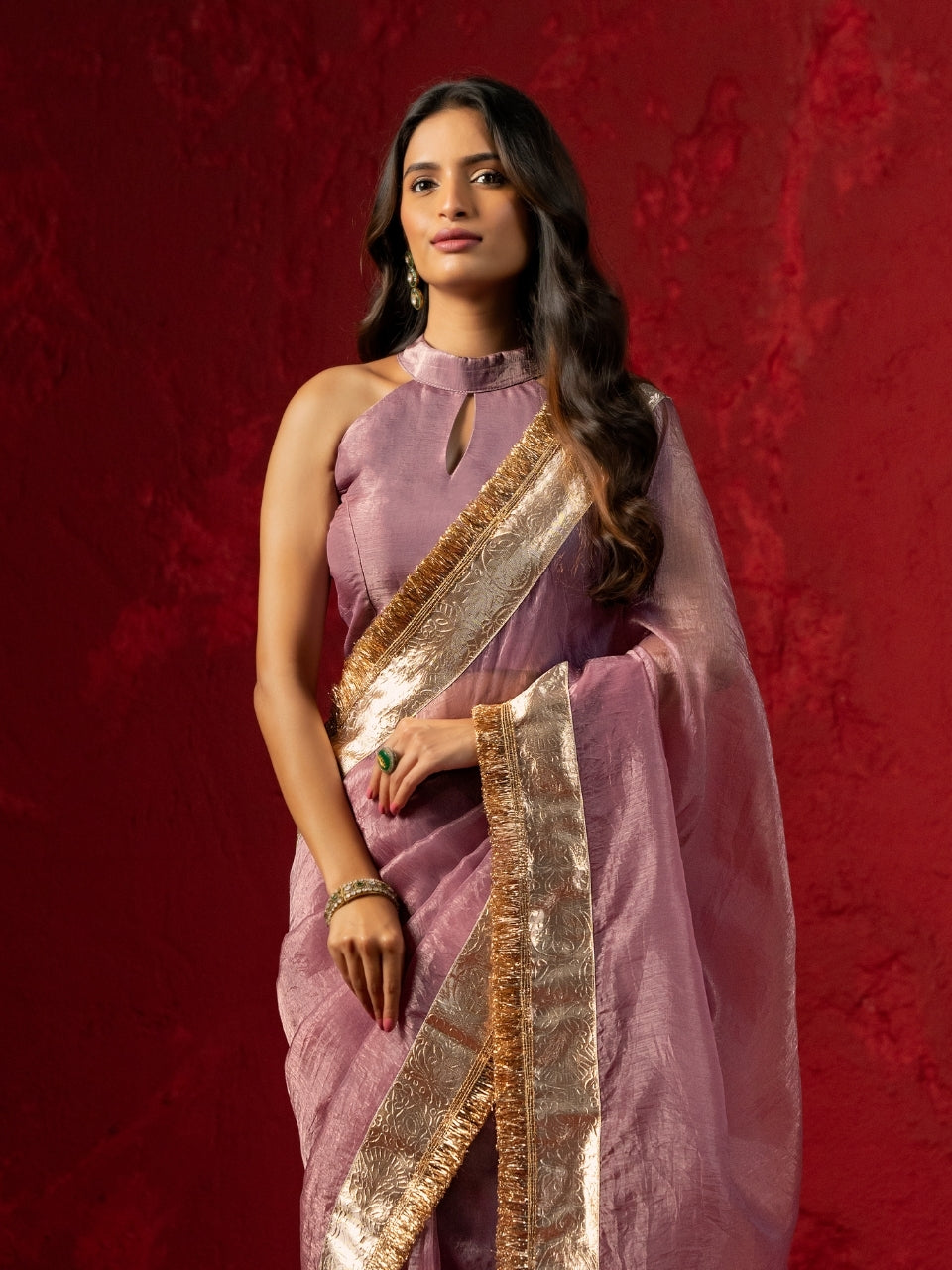 Lavender Shimmery Tissue Saree with Gotta Patti & Jaipuri Lace