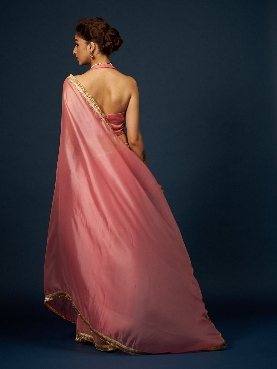 Coral Pink Satin Saree with Zari Lace & Latkan
