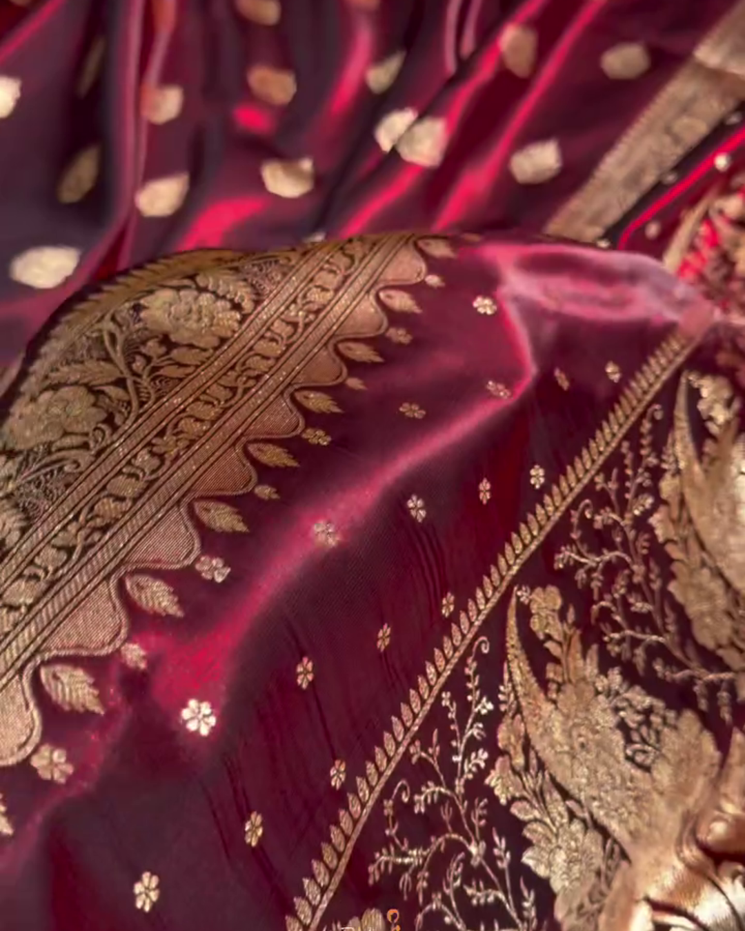 Maroon Banarasi Satin Saree with Golden Zari Floral Weaving