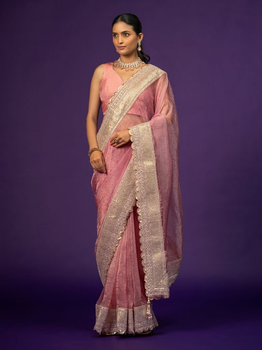 Puce Pink Shimmery Tissue Saree with Embossed Sequin Lace