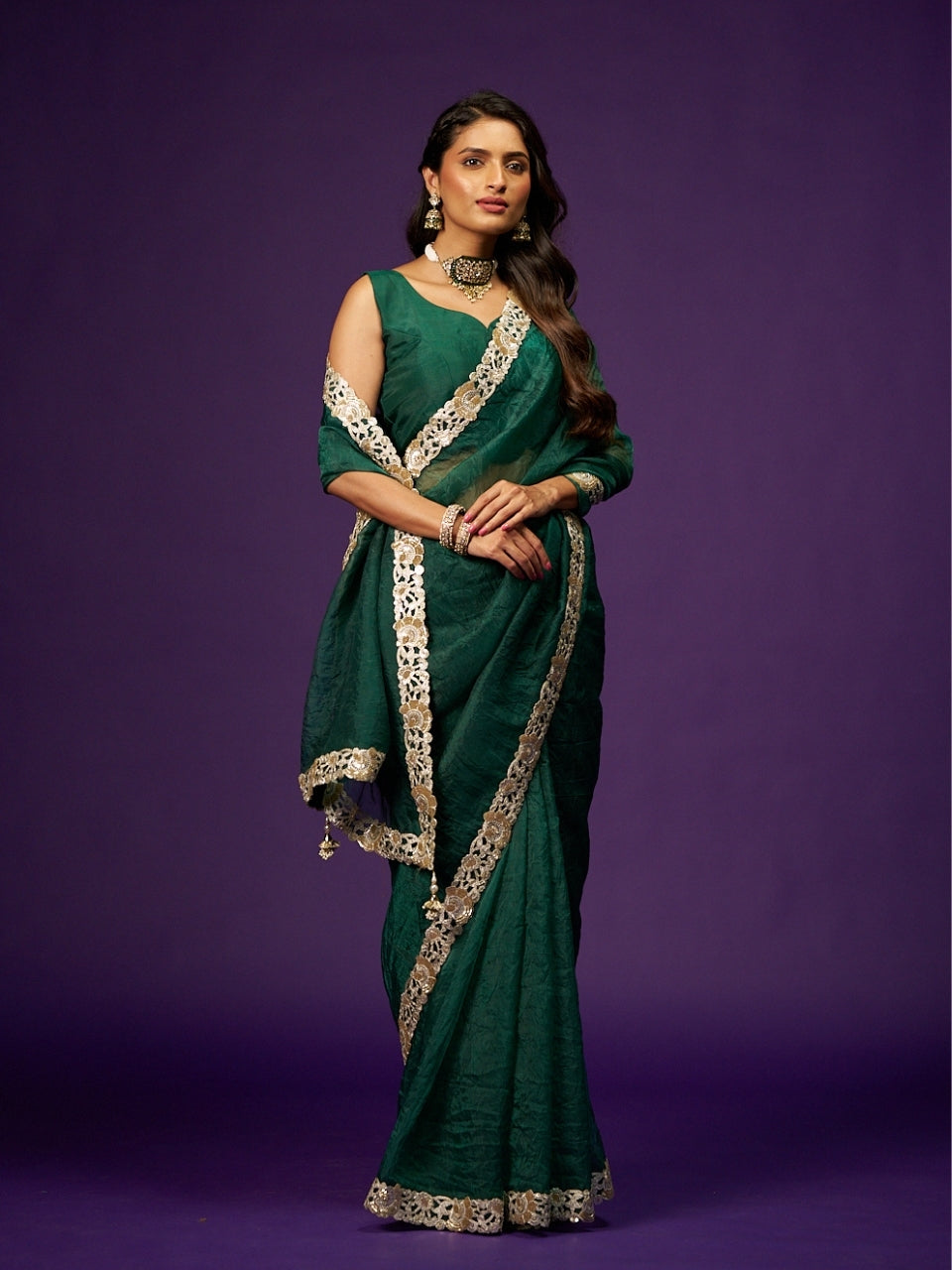 Foxtons Green Tissue Saree with Sequin Zari Lace