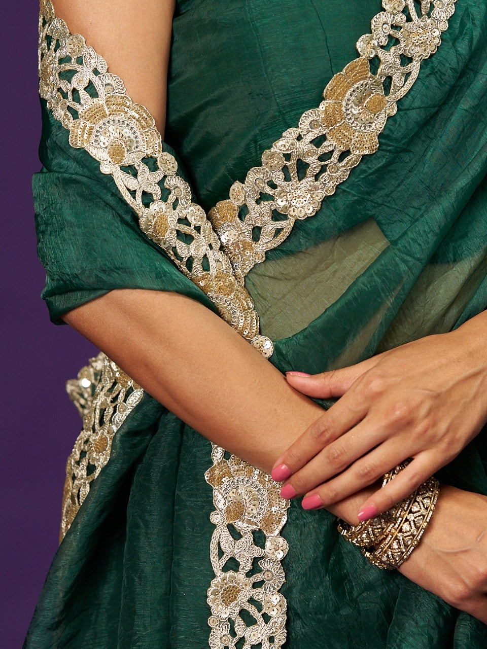 Foxtons Green Tissue Saree with Sequin Zari Lace