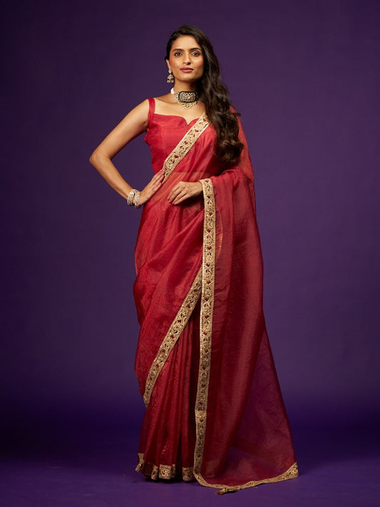 Scarlet Red Shimmery Tissue Saree with Zari Sequin Lace