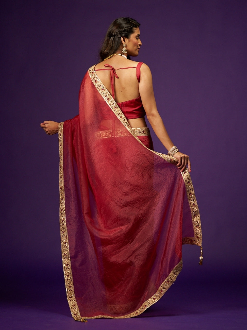 Scarlet Red Shimmery Tissue Saree with Zari Sequin Lace