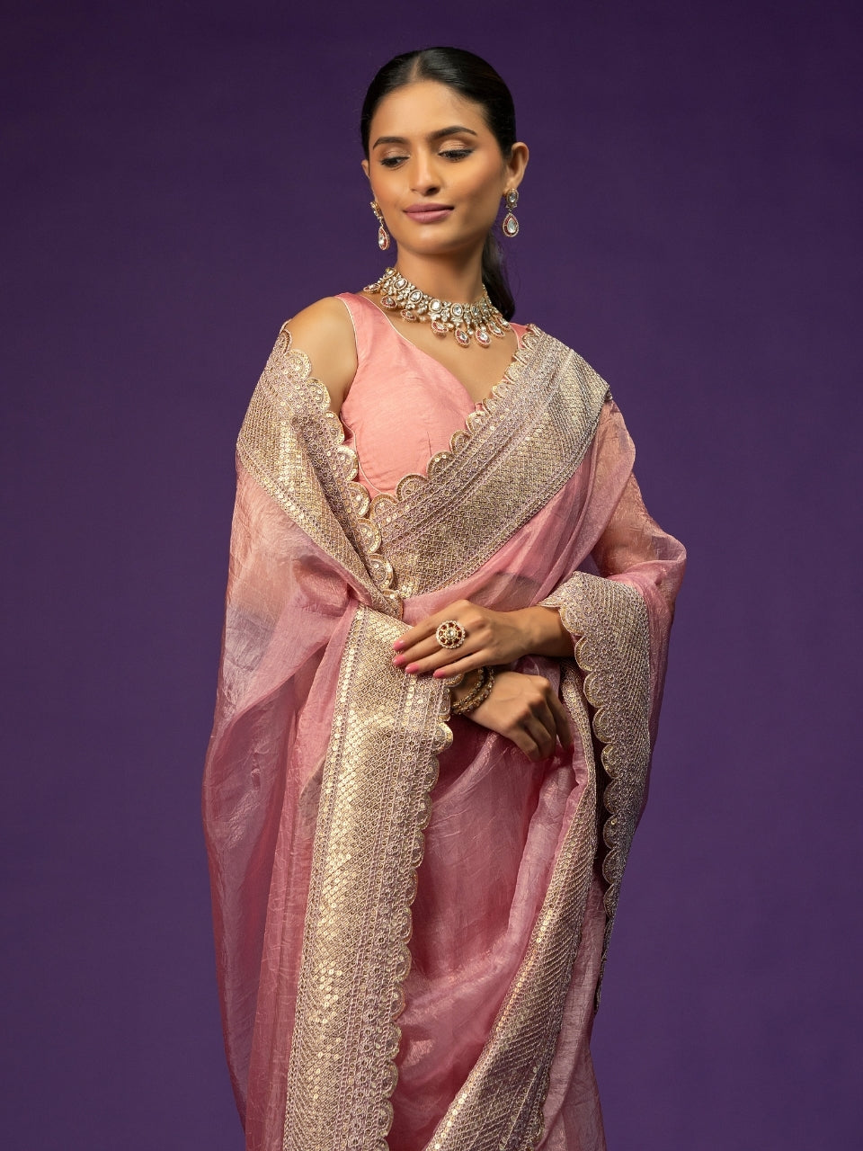 Puce Pink Shimmery Tissue Saree with Embossed Sequin Lace