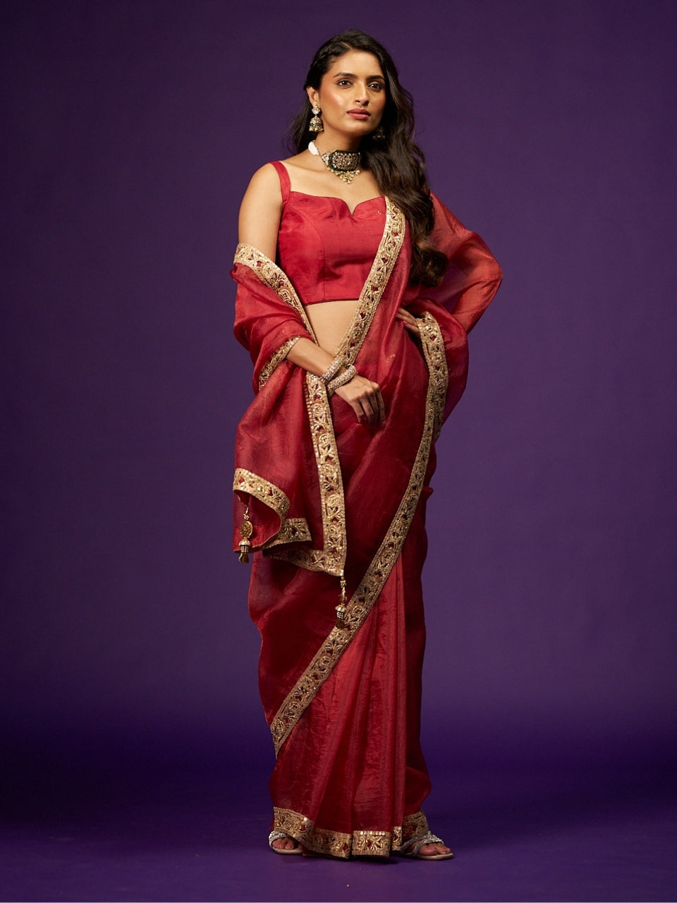 Scarlet Red Shimmery Tissue Saree with Zari Sequin Lace