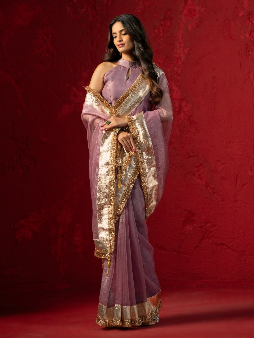 Lavender Shimmery Tissue Saree with Gotta Patti & Jaipuri Lace