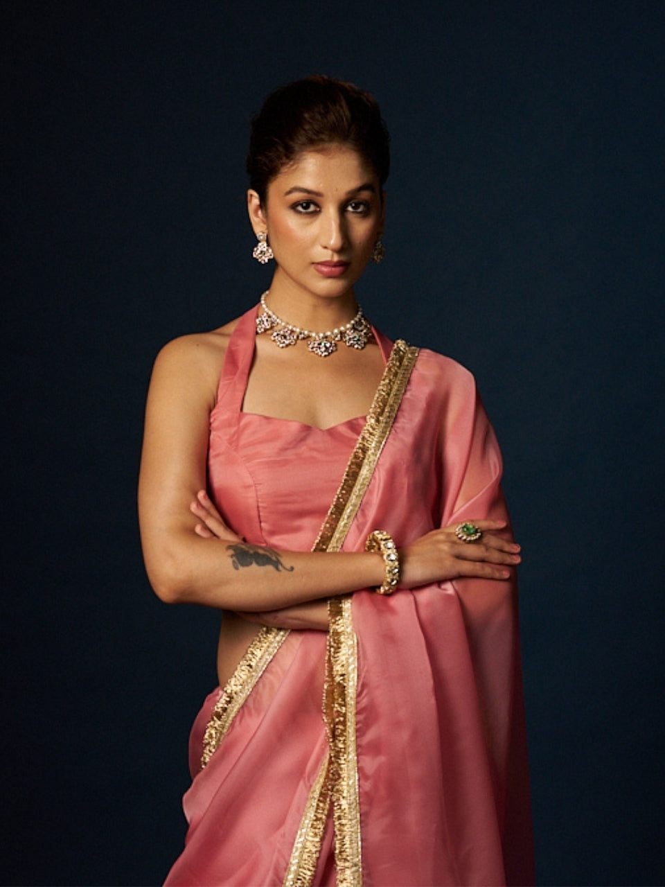 Coral Pink Satin Saree with Zari Lace & Latkan