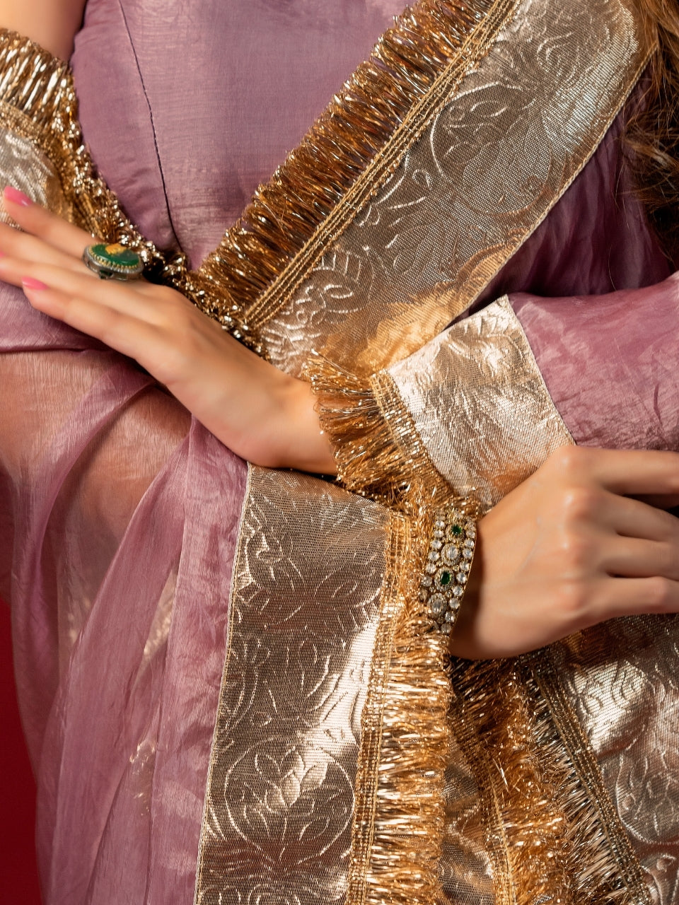 Lavender Shimmery Tissue Saree with Gotta Patti & Jaipuri Lace