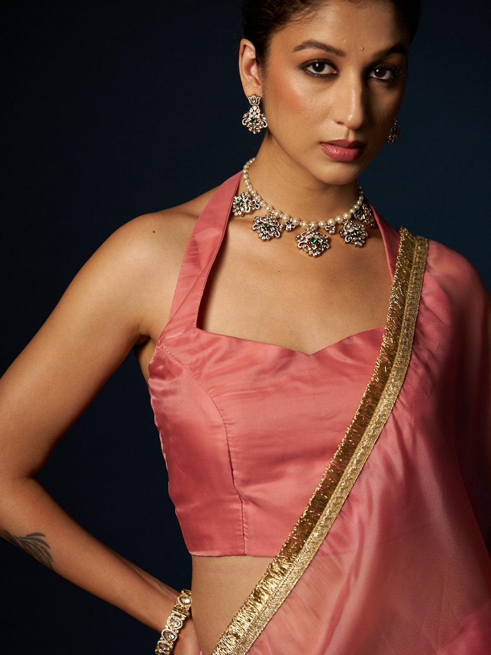Coral Pink Satin Saree with Zari Lace & Latkan