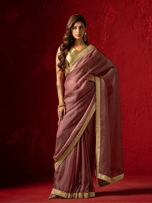 Greenish Pink Dual Tone Organza Saree with Zari Sequin Lace