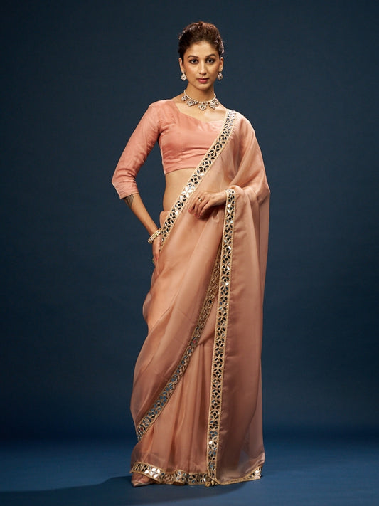 Peach Satin Saree with Mirror Work Lace & Latkan