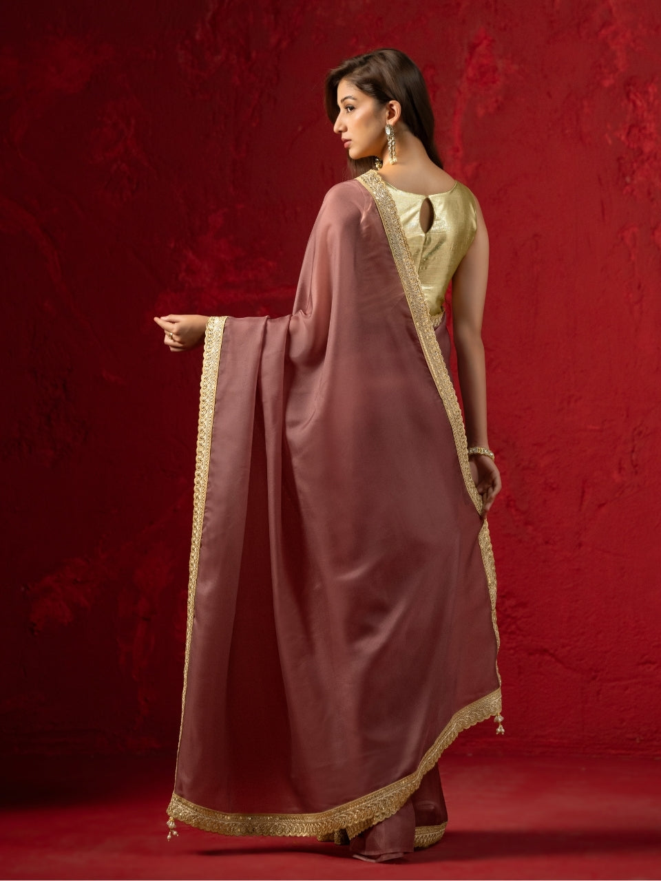 Greenish Pink Dual Tone Organza Saree with Zari Sequin Lace