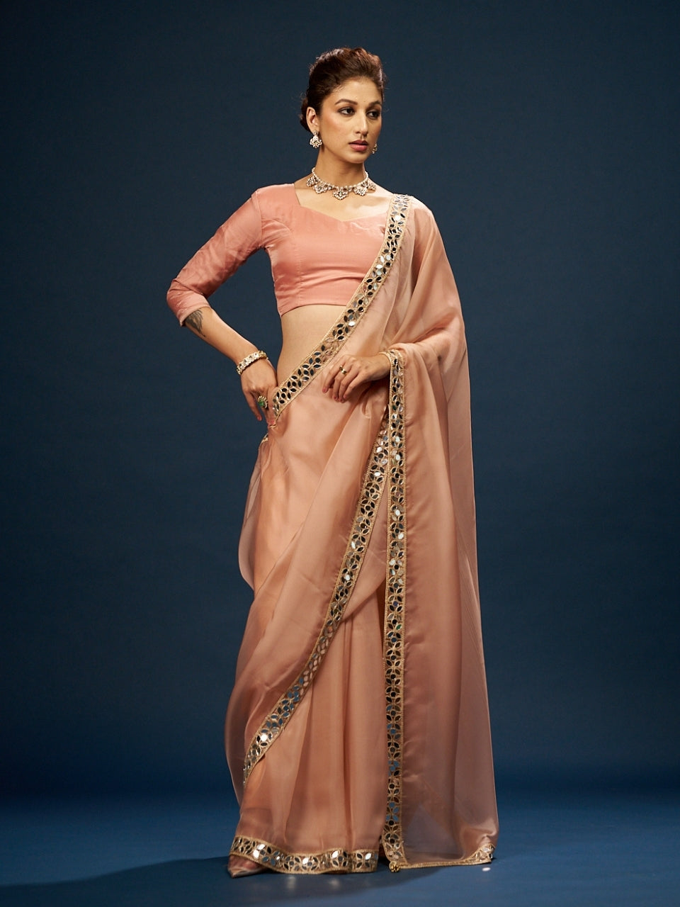 Peach Satin Saree with Mirror Work Lace & Latkan