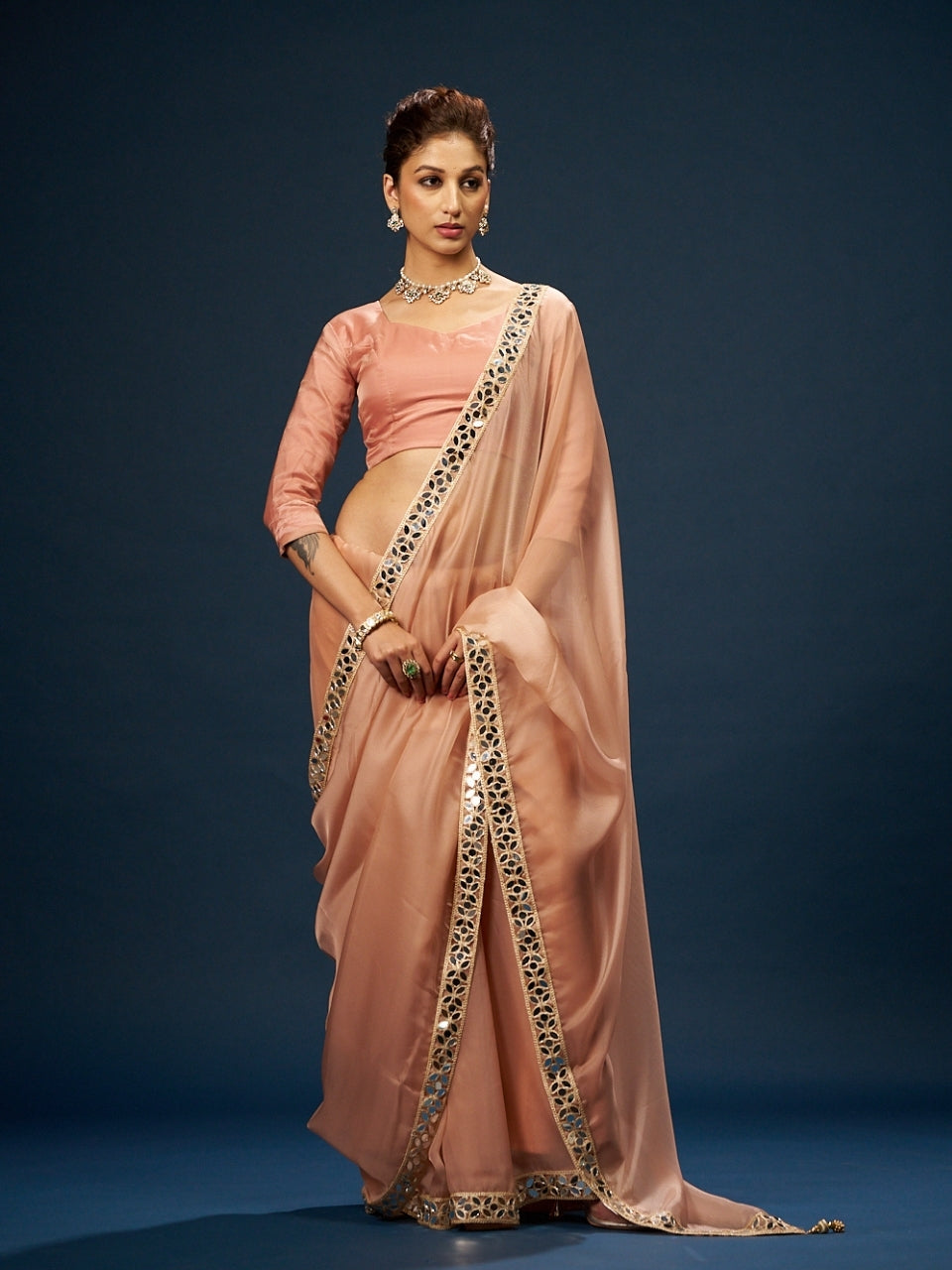 Peach Satin Saree with Mirror Work Lace & Latkan