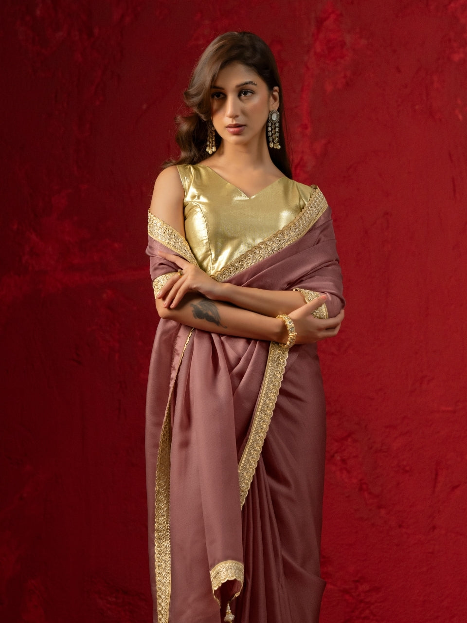 Greenish Pink Dual Tone Organza Saree with Zari Sequin Lace