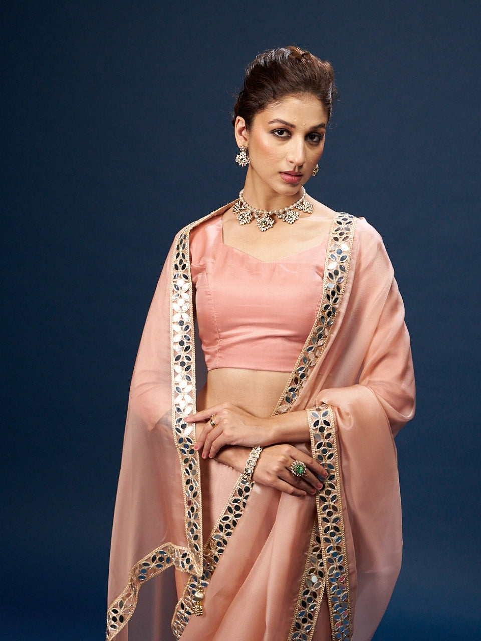 Peach Satin Saree with Mirror Work Lace & Latkan
