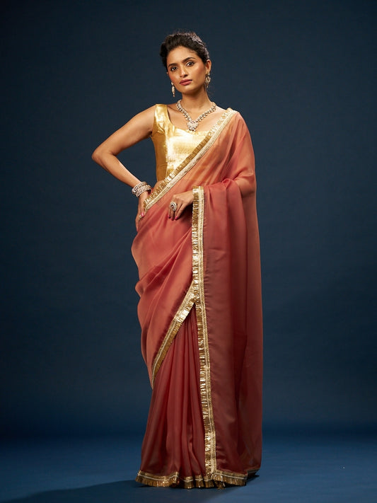 Burnt Orange Satin Saree with Zari Lace & Latkan