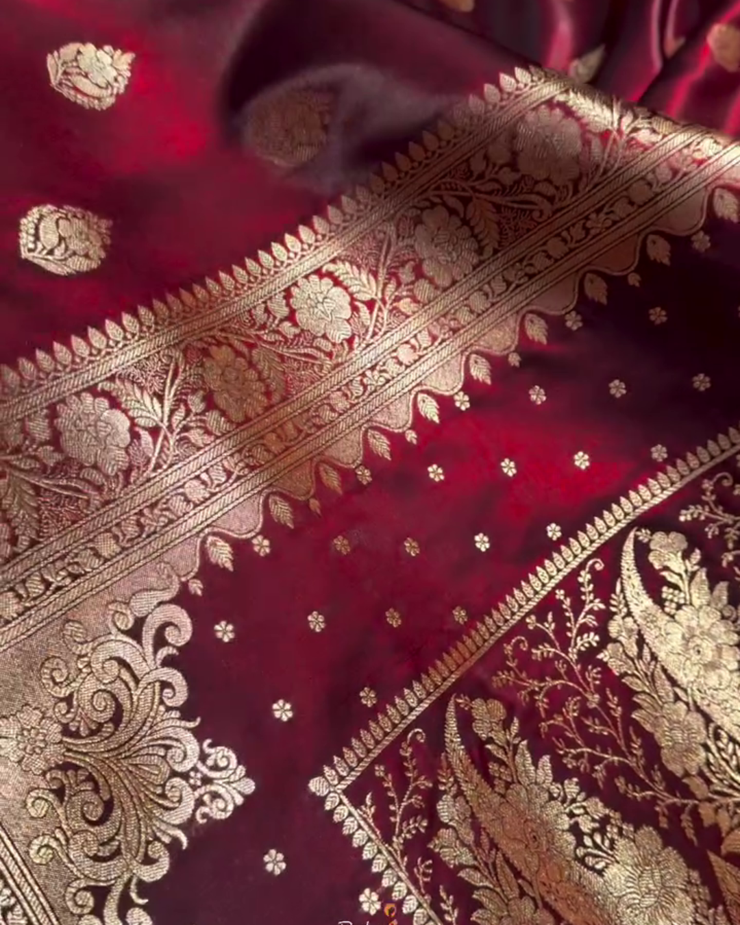 Maroon Banarasi Satin Saree with Golden Zari Floral Weaving