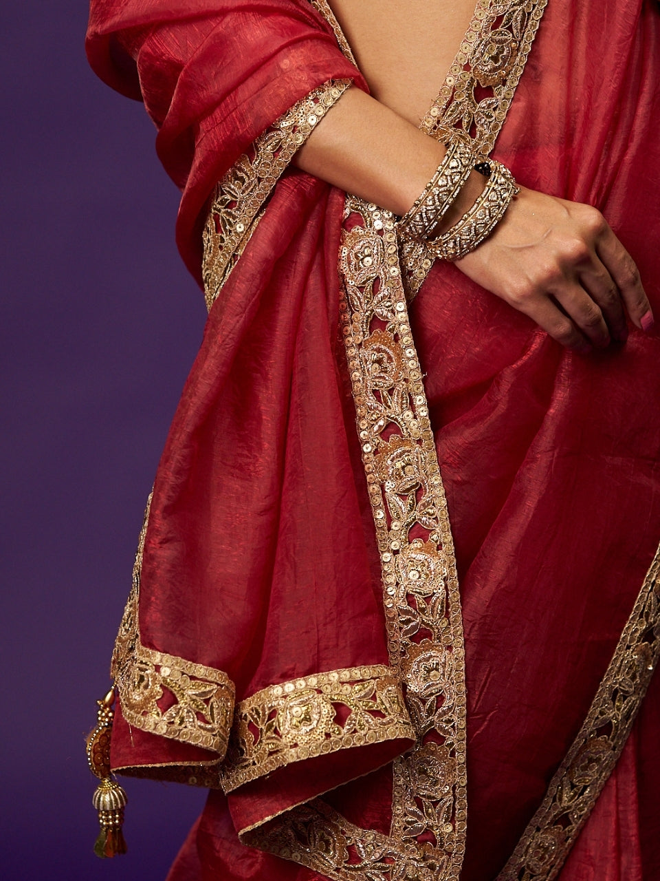Scarlet Red Shimmery Tissue Saree with Zari Sequin Lace