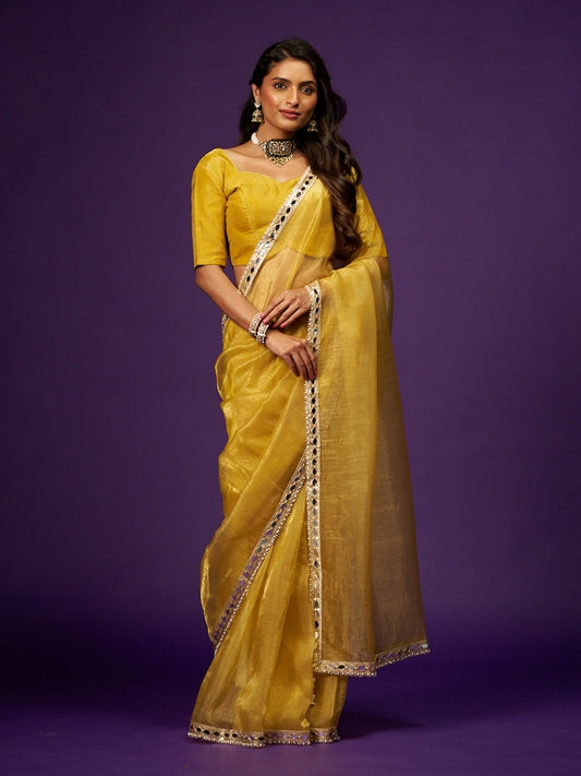 Brass Yellow Tissue Saree with Mirror & Moti Lace