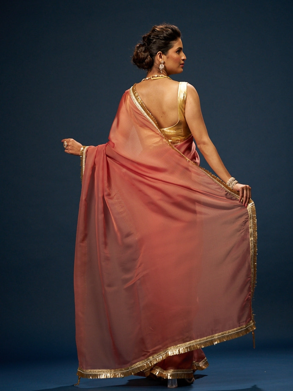 Burnt Orange Satin Saree with Zari Lace & Latkan