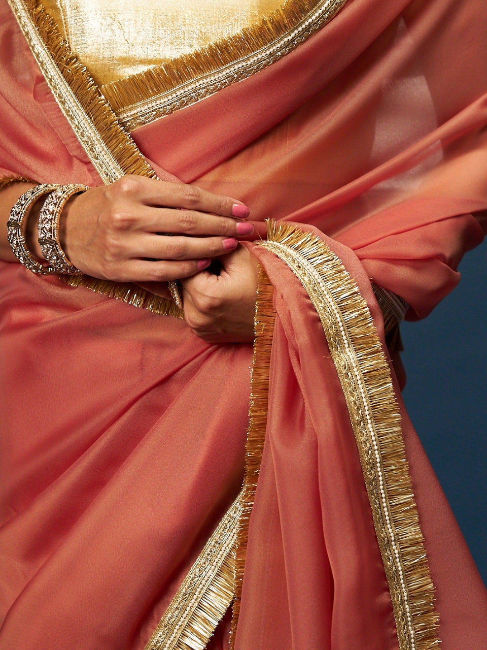 Burnt Orange Satin Saree with Zari Lace & Latkan