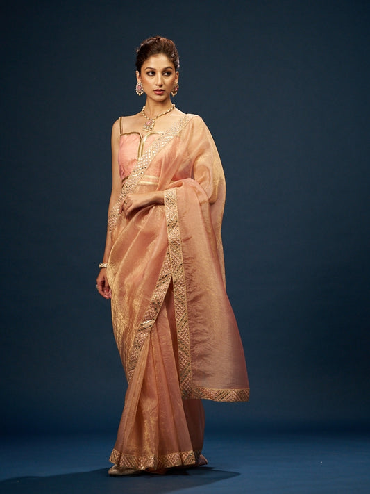 Apricot Orange Tissue Saree with Zari Mirror Lace