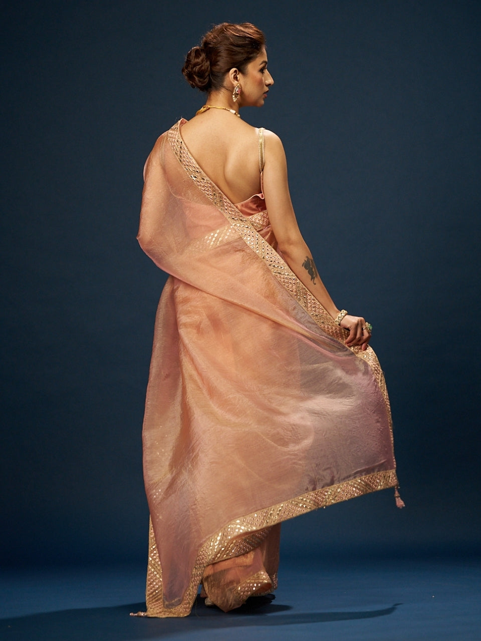 Apricot Orange Tissue Saree with Zari Mirror Lace