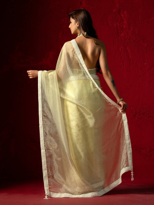 Pale Lime Yellow Shimmery Tissue Saree with Pearl Border