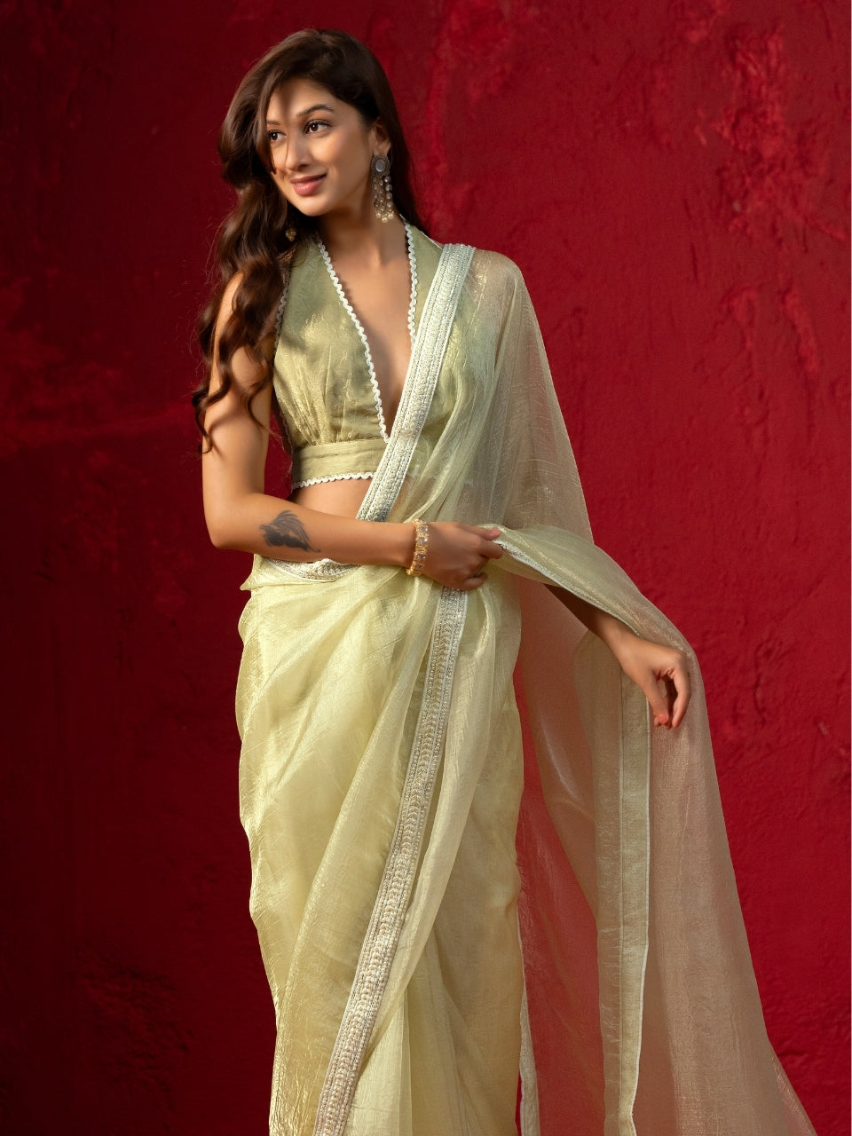 Pale Lime Yellow Shimmery Tissue Saree with Pearl Border