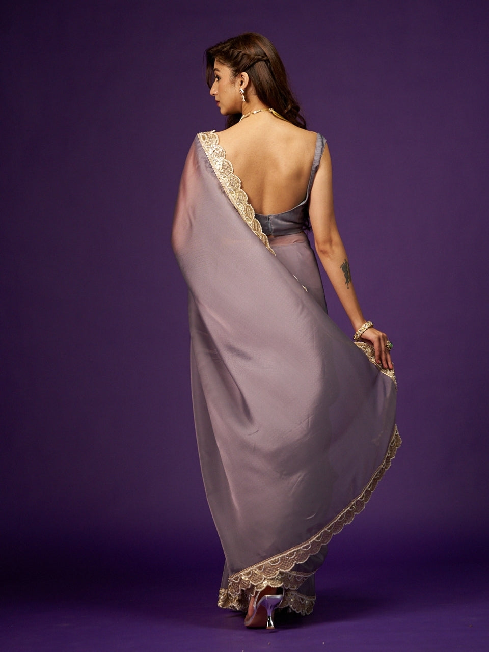 Purple Green Dual Tone Organza Saree with Moti & Sequin Lace