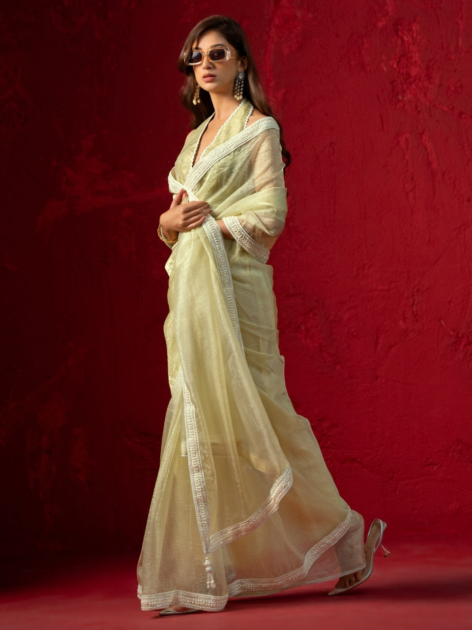 Pale Lime Yellow Shimmery Tissue Saree with Pearl Border