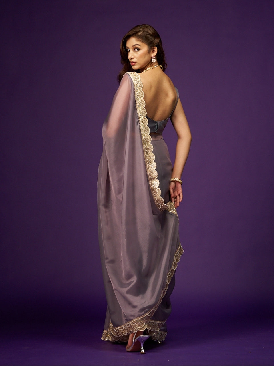 Purple Green Dual Tone Organza Saree with Moti & Sequin Lace