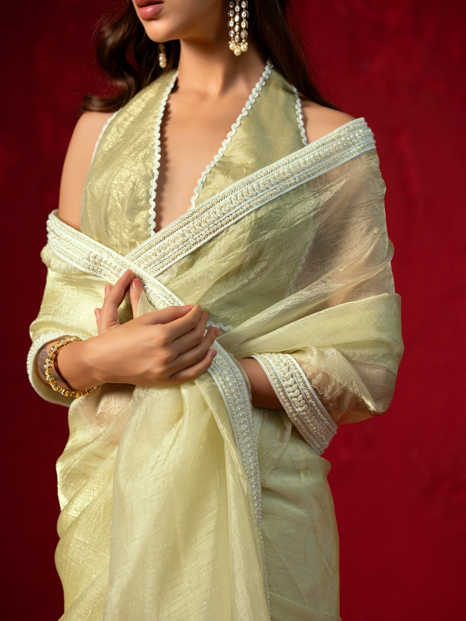 Pale Lime Yellow Shimmery Tissue Saree with Pearl Border