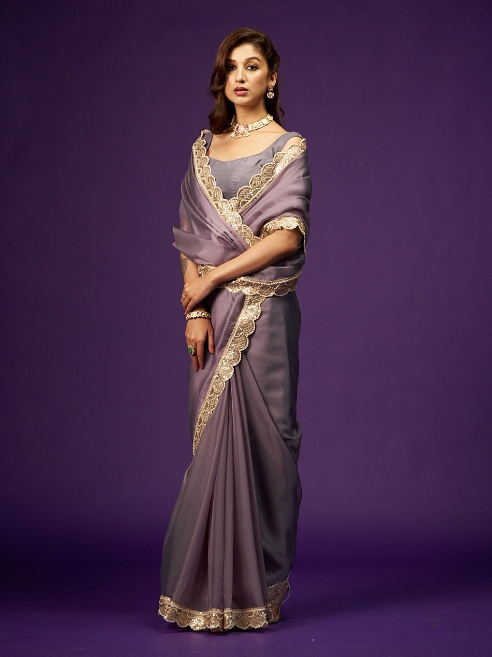 Purple Green Dual Tone Organza Saree with Moti & Sequin Lace