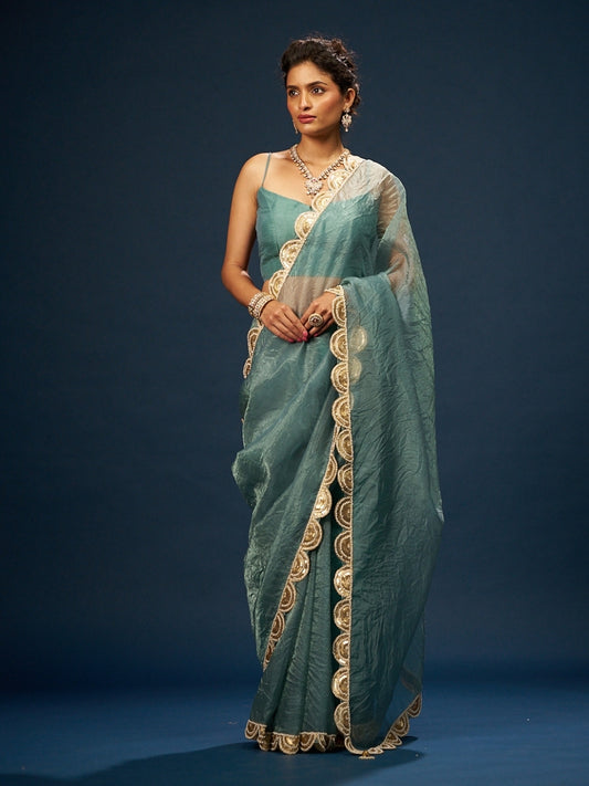 Turkish Blue Tissue Saree with Sequin & Moti Work Lace