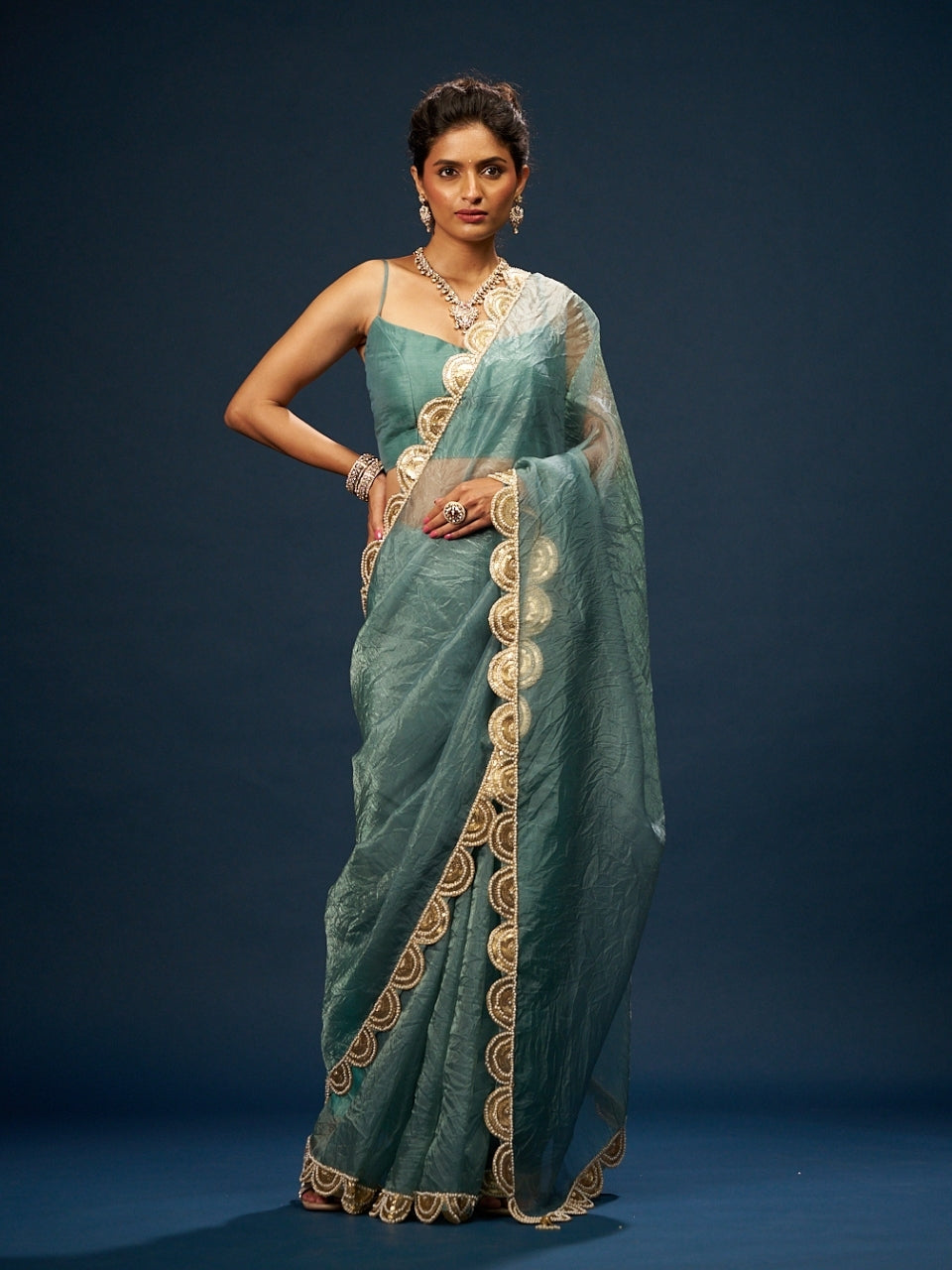 Turkish Blue Tissue Saree with Sequin & Moti Work Lace