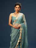 Turkish Blue Tissue Saree with Sequin & Moti Work Lace