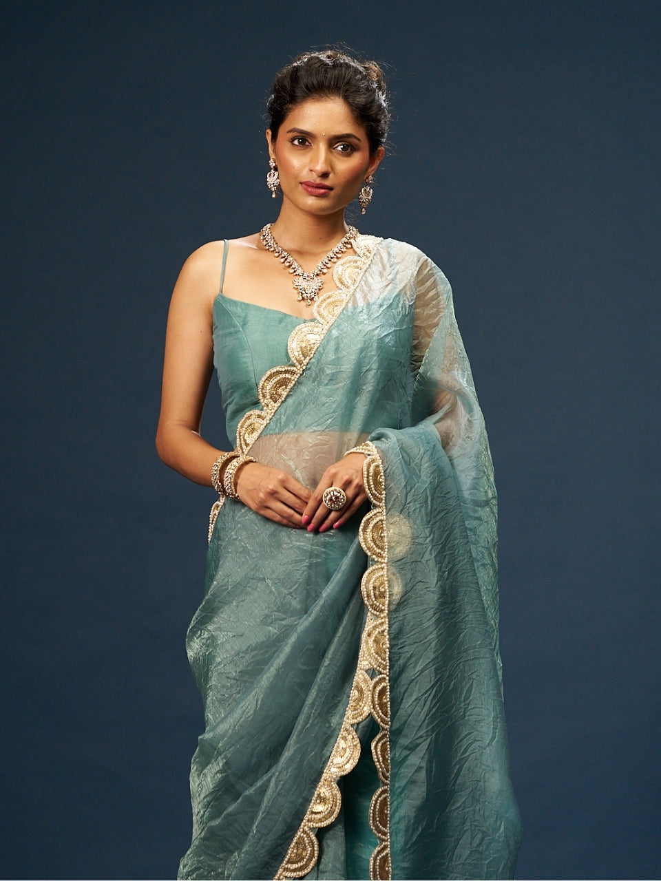Turkish Blue Tissue Saree with Sequin & Moti Work Lace