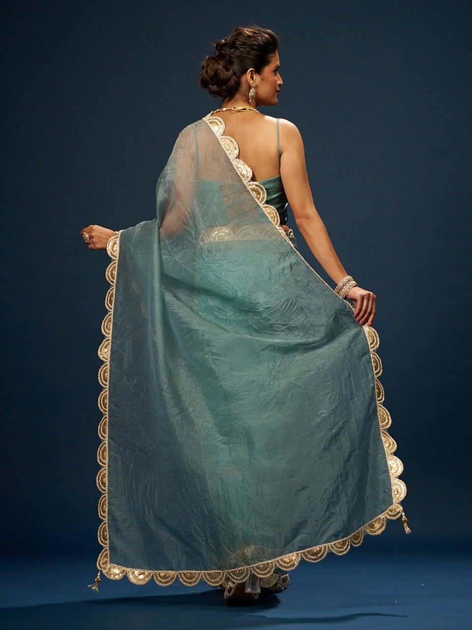Turkish Blue Tissue Saree with Sequin & Moti Work Lace