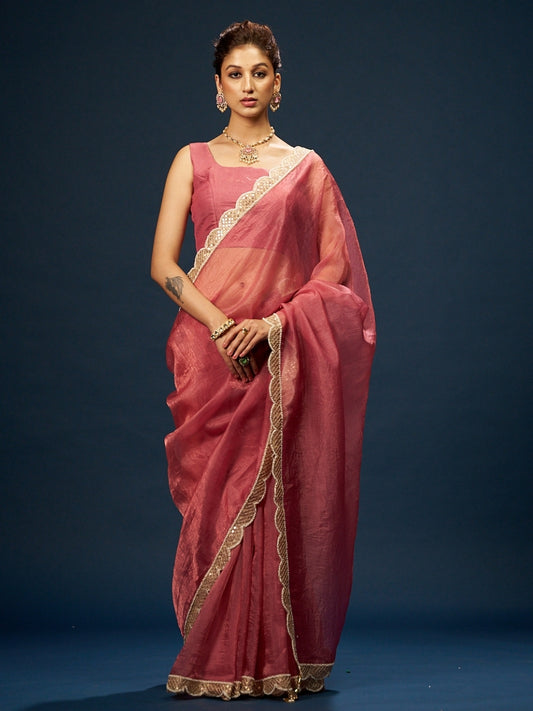 Candy Pink Tissue Saree with Sequin Moti Lace