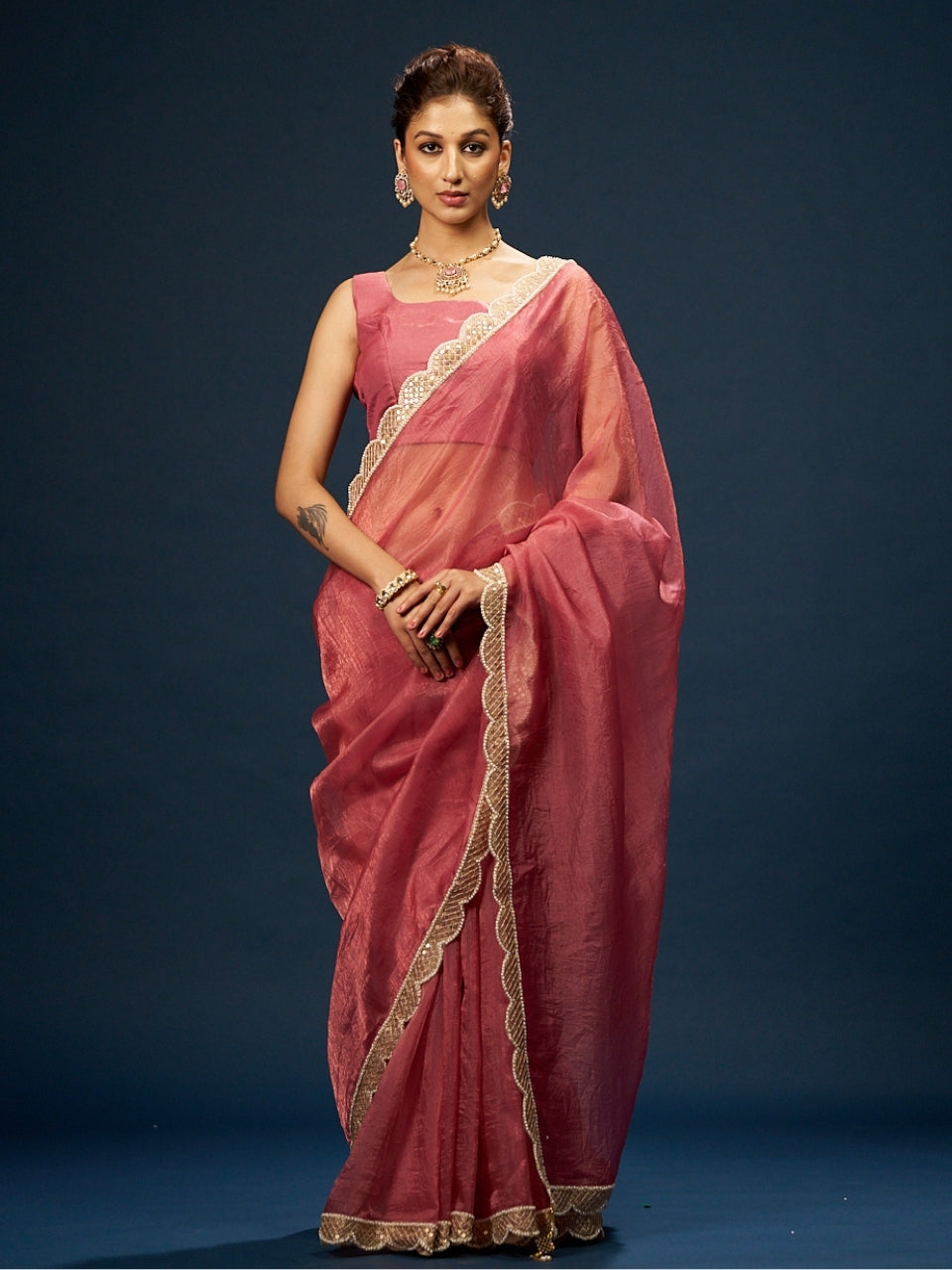 Candy Pink Tissue Saree with Sequin Moti Lace