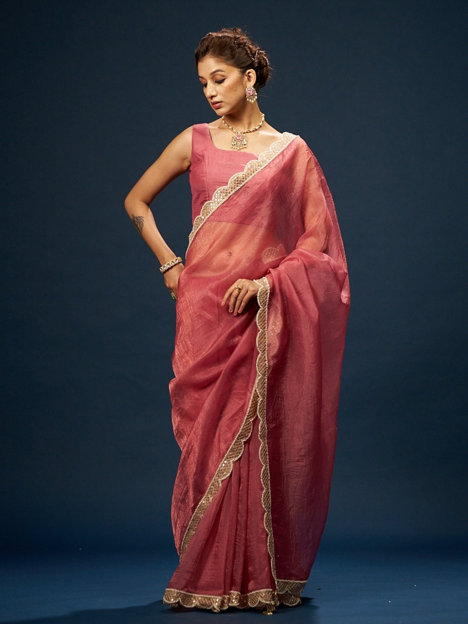 Candy Pink Tissue Saree with Sequin Moti Lace